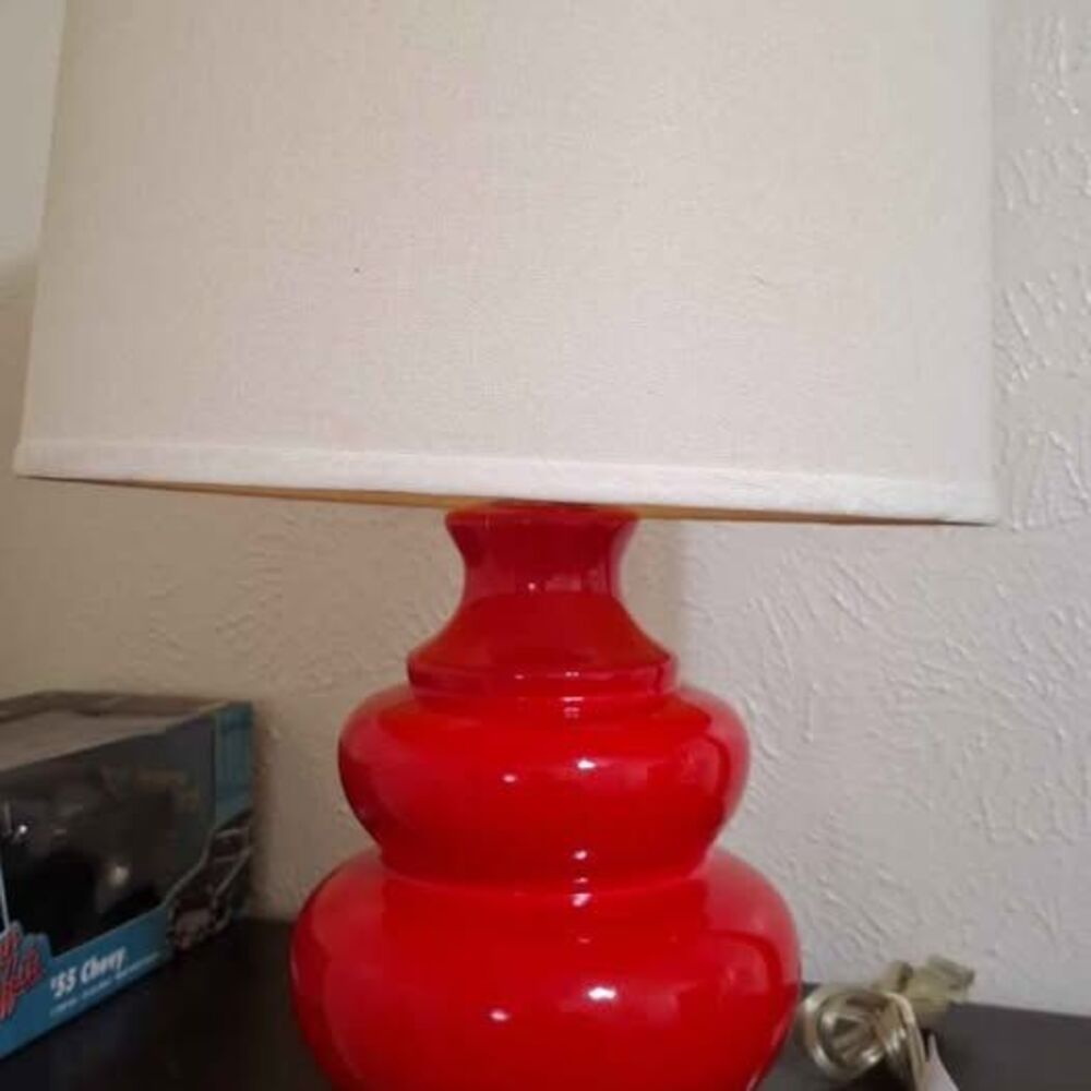 Glossy West Elm Red Ceramic Double Gourd Table Lamp White Drum Shade Pagoda